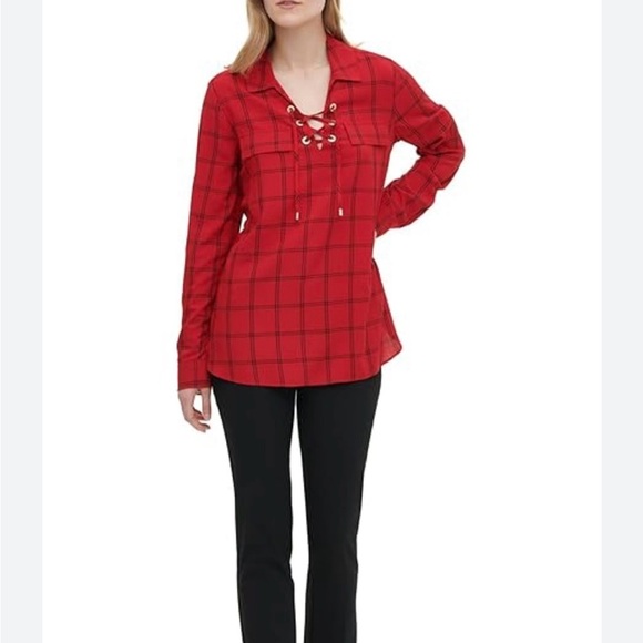 Calvin Klein Red Checkered Lace-Up Blouse - Picture 1 of 4